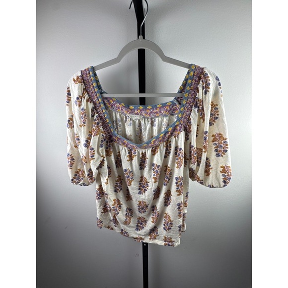 Lucky Brand Tops - Lucky Brand Floral Peasant Top Womens Large Cream Purple Boho Puff Sleeve